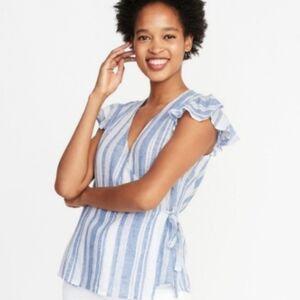 NWT Old Navy Linen Blend Ruffle‎ Stripe Lightweight Wrap Top V Neck Blouse 2XL
